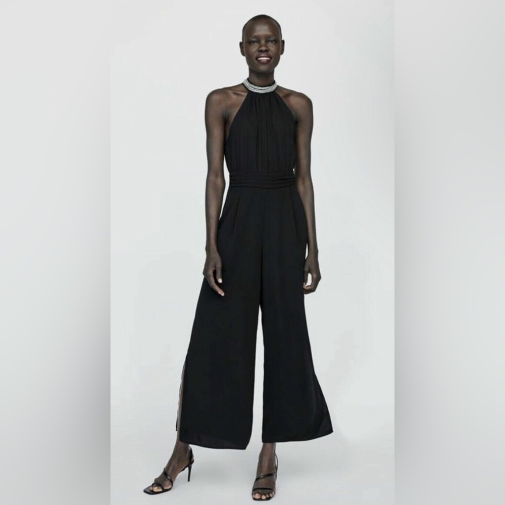 SOLD—Zara Black Halter Neck Jumpsuit With Bejewelled Collar